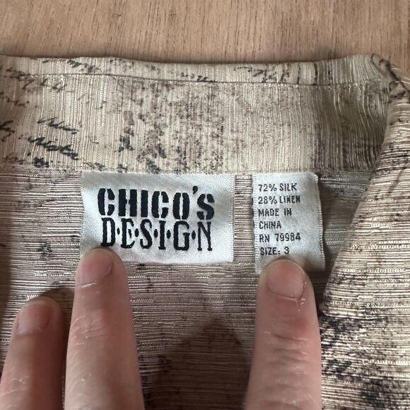 Vintage Chico’s Design Silk Linen Top Script Print Blouse Shirt Size 3 XL - Picture 3 of 4